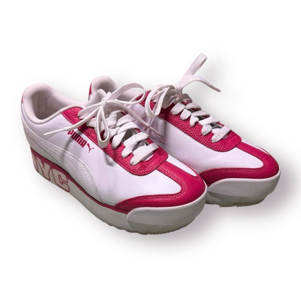 Puma Roma Amor Sneakers Logo NYC Womens Size 7 White‎ Dark Pink Wedge Shoes